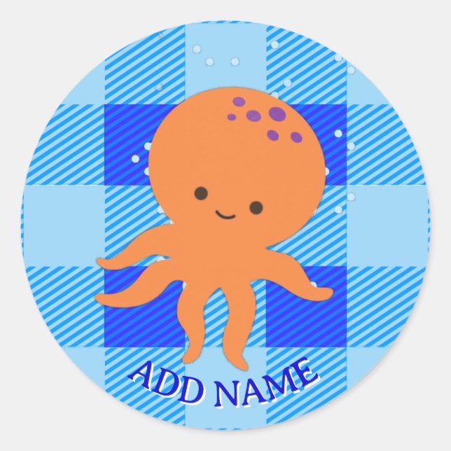 Adesivo Nome Personalizado de Xadrez Azul de Octopus de Cu (Frente)