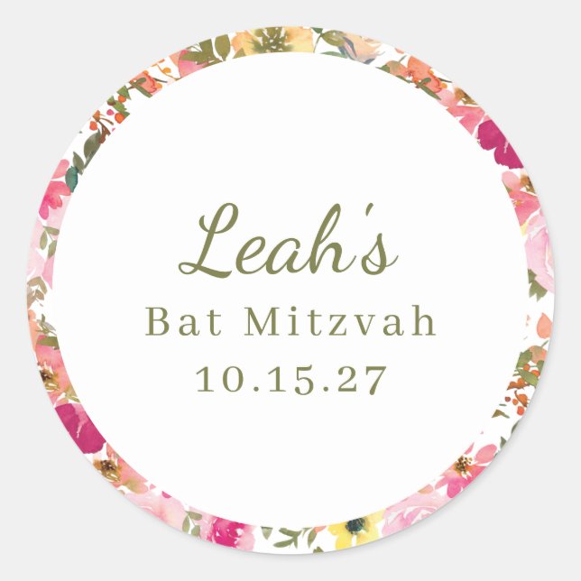 Adesivo Nome Personalizado do Bat Mitzvah Floral Amarelo C (Frente)