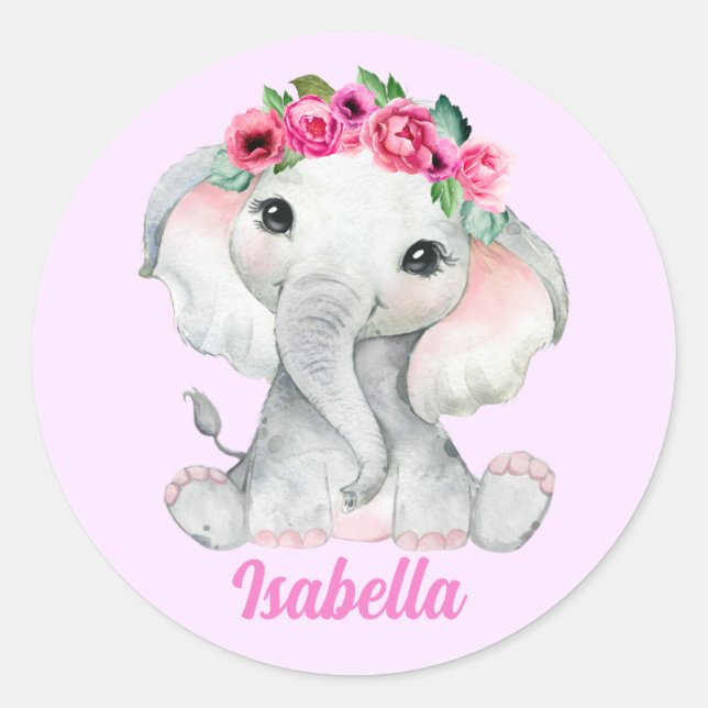 Adesivo Nome Personalizado do Elefante Rosa Floral (Frente)