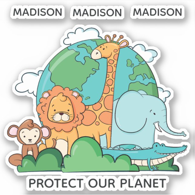 Adesivo Nome Personalizado e Texto Terra com Animais (Frente)