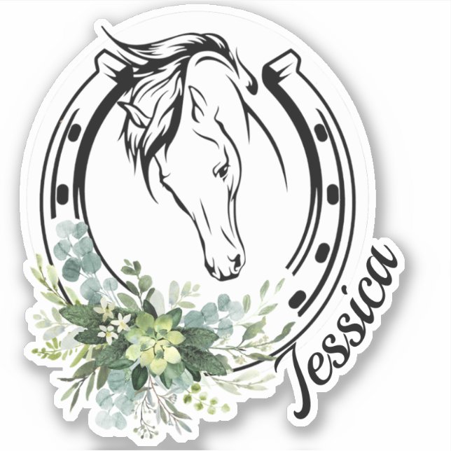 Adesivo Nome Personalizado Floral Cavalo Equestre Ferradur (Frente)