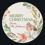 Adesivo Nome personalizado Merry Christmas Watercolor Wrea<br><div class="desc">bela base de textura de marfim aquoso com uma camada aquosa de verduras, galhos, bagas profundas e poinsetos vermelhos e brancos, com um amigo voador de precioso pregado nas flores. Ambas as áreas de texto são personalizáveis. primeiro diz feliz natal, enviar inclui uma fonte de script para o seu posicionamento...</div>