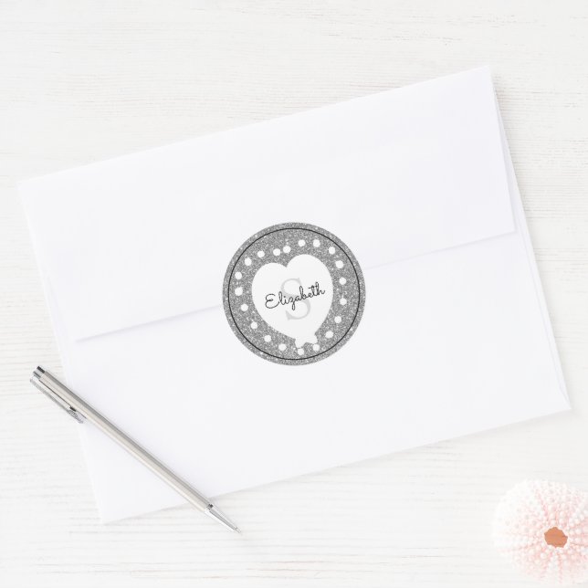 Adesivo Nome Personalizado Monograma Silver Glitter White  (Envelope)