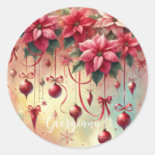Adesivo Nome Personalizado Poinsettia Whimsical Baubles de