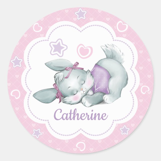 Adesivo Nome personalizado Sleeping Bunny em rosa e roxo (Frente)