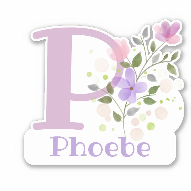Adesivo Nome Phoebe & Inicial com Desenho Floral (Frente)