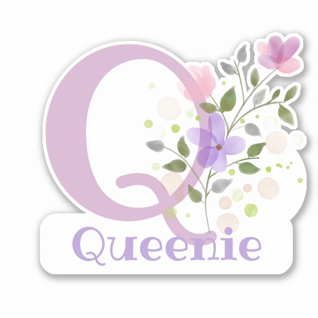 Adesivo Nome Queenie & Inicial com Design Floral (Frente)