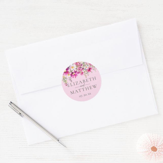 Adesivo Nomes de Casamento Floral de Flores Rosa Brilhante (Envelope)