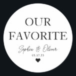 Adesivo NOSSO FAVORITO Bar de Dessert Candy Heart Favor<br><div class="desc">Um Clássico Negro Obrigado Vestido de Casamento com "Nossos Favoritos" em uma fonte elegante moderna clássica. Você pode personalizá-lo facilmente com seus nomes e data de casamento.</div>