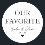 Adesivo NOSSO FAVORITO Bar de Dessert Candy Heart Favor<br><div class="desc">Um Clássico Negro Obrigado Vestido de Casamento com "Nossos Favoritos" em uma fonte elegante moderna clássica. Você pode personalizá-lo facilmente com seus nomes e data de casamento.</div>