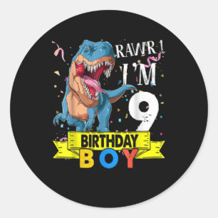Adesivo Nove anos Presentes 9º Aniversário Garoto Rawr Eu 