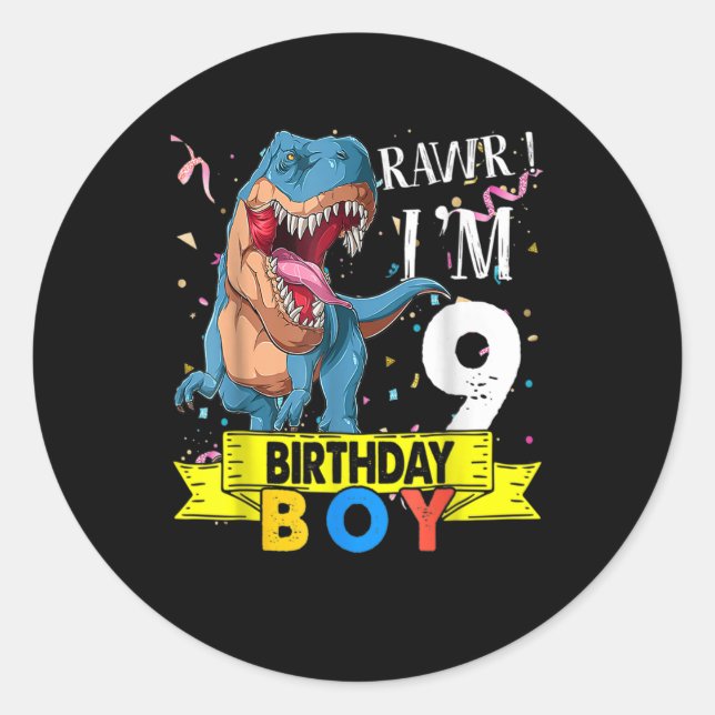 Adesivo Nove anos Presentes 9º Aniversário Garoto Rawr Eu  (Frente)