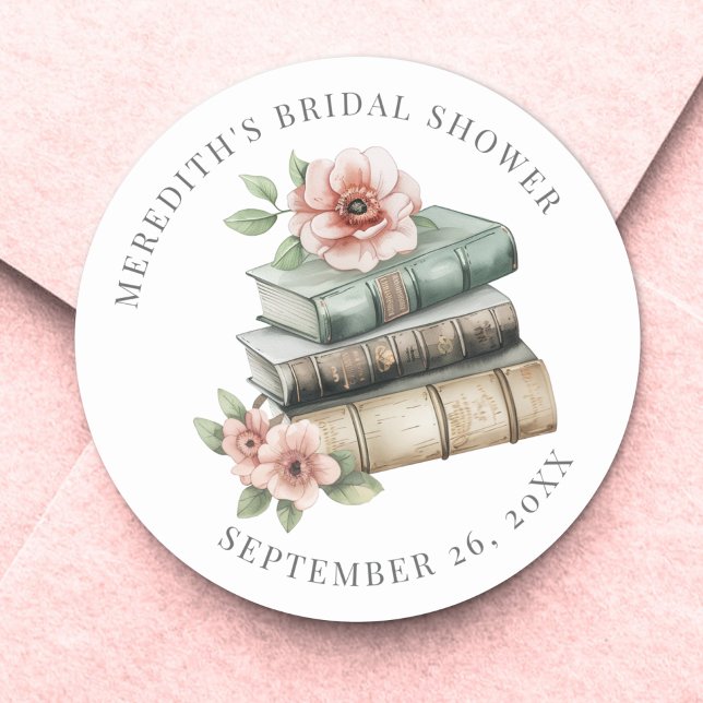 Adesivo Novo Capítulo Floral Livro Chá de Noiva (New Chapter Floral Book Bridal Shower Classic Round Sticker)