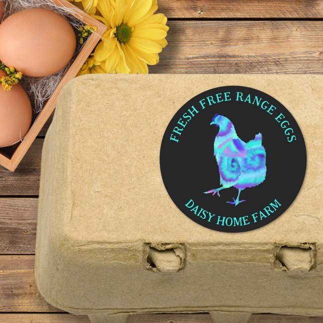 Adesivo Novos Ovos Modernos Negócios (Fresh free range chicken egg box stickers colorful hen with personalized small business name)