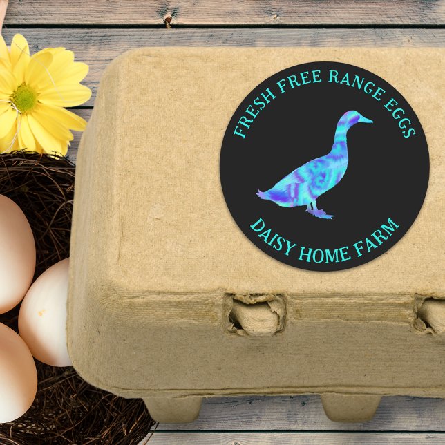 Adesivo Novos Ovos Modernos Negócios (Fresh free range duck eggs custom business stickers with bold colorful watercolor duck art)