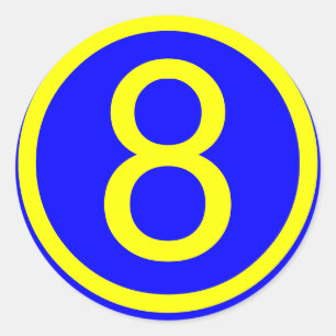 Adesivo número 8 em um círculo, fundo azul