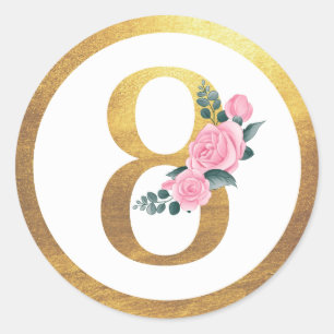 Adesivo Número 8 Oito Rosas Rosa Floral e Elegante Dourad