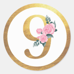 Adesivo Número 9 Nove Rosas Rosa Floral e Elegante Dourad