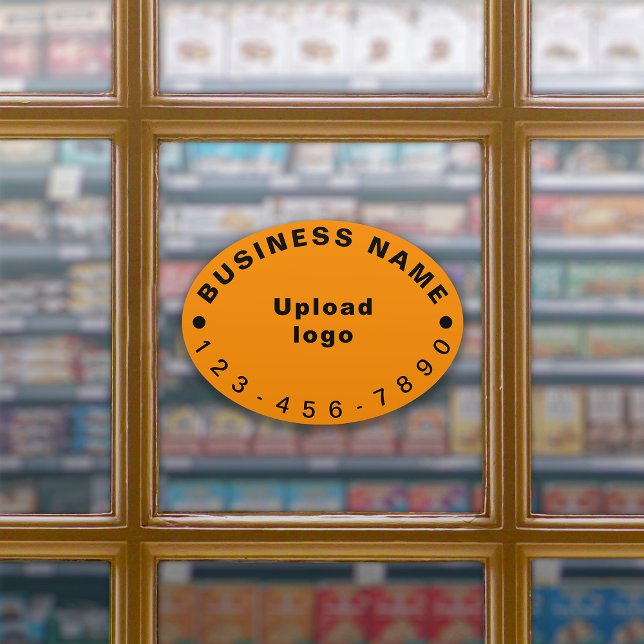 Adesivo Número de Telefone Comercial em Laranja Grande Vin (Your business name, logo and phone number on orange color large oval shape vinyl sticker.)