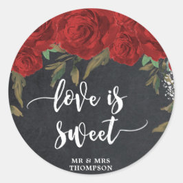 Adesivo o amor é doce rosa vermelha de casamento.