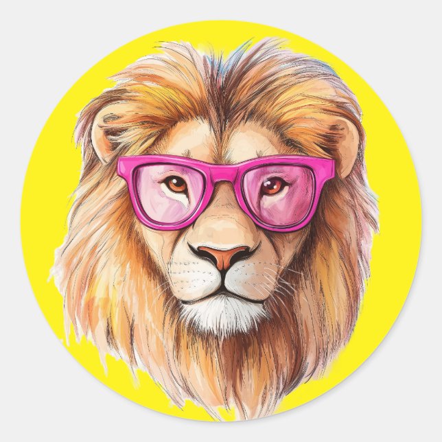Adesivo O leão com óculos cor-de-rosa com fundo amarelo (Frente)