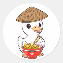 Adesivo O pato engraçado está comendo macarrão.