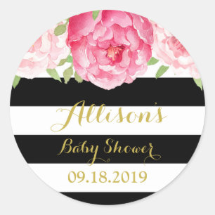 Adesivo O preto listra o Tag floral cor-de-rosa do favor