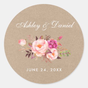 Adesivo O rosa da aguarela de Kraft cora casamento floral
