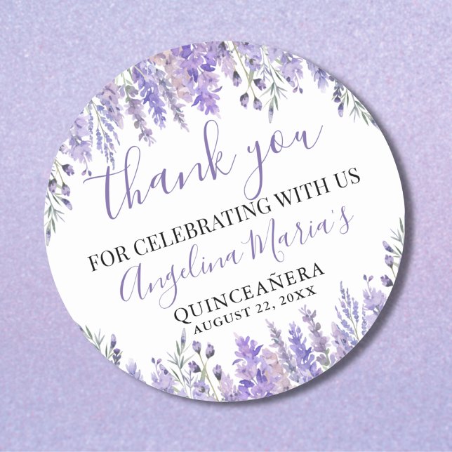 Adesivo Obrigada Quinceanera Roxa (Purple Quinceanera Thank You Classic Round Sticker)