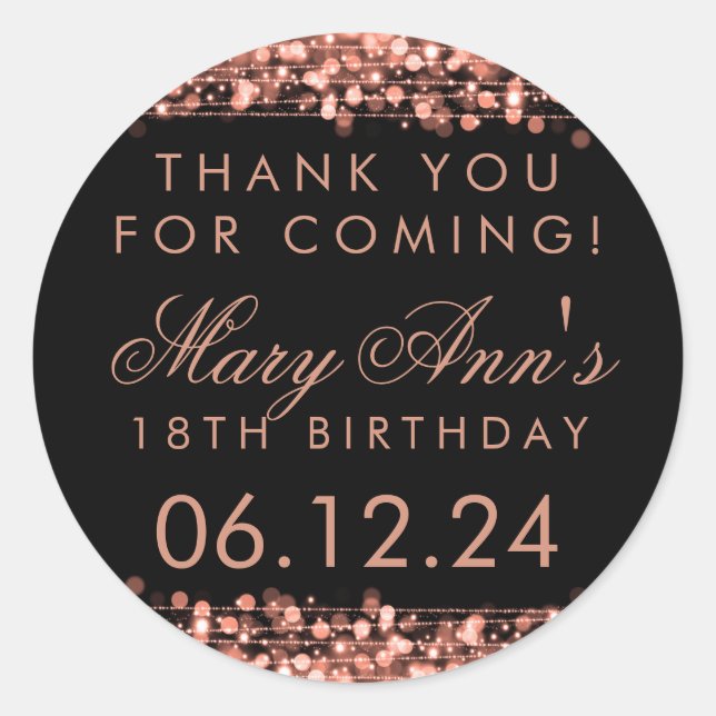 Adesivo Obrigado, 18ª Festa de aniversário Sparkles Rosa,  (Frente)