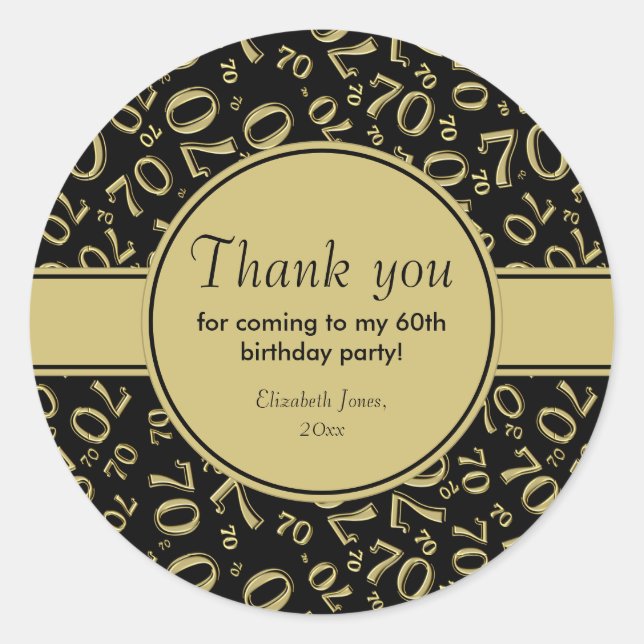 Adesivo Obrigado 60th ouro/preto do teste padrão do número (Frente)