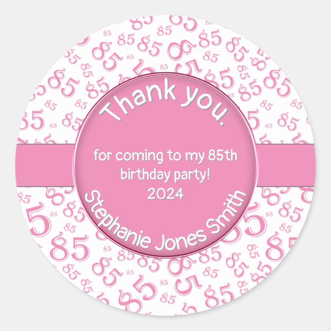 Adesivo Obrigado: 85º Padrão de Números Brancos Rosa/Branc (Frente)