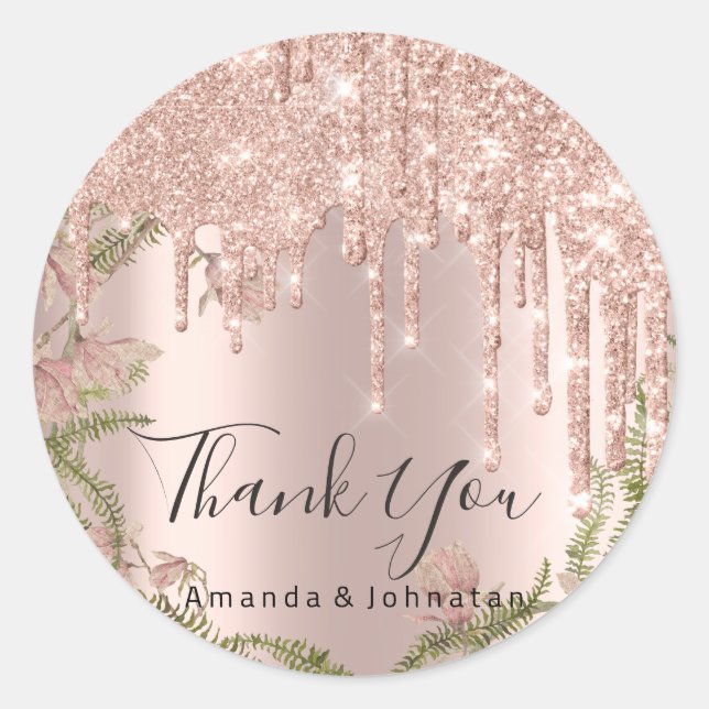 Adesivo Obrigado A Dizer Rosa De Casamento Glitter Floral (Frente)