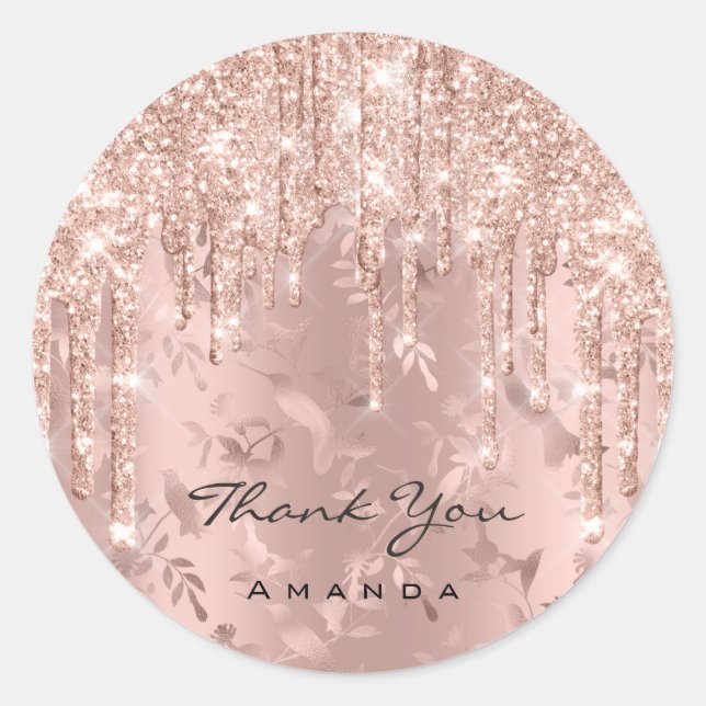 Adesivo Obrigado A Nome Floral Rosa Glitter Round Sticker (Frente)