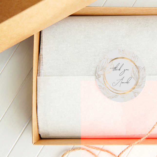 Adesivo Obrigado A Você Nome Cinza Frame Círculo Pastel Cl (Thank You Name Gray Floral Frame Circle Pastel Cla Classic Round Sticker)