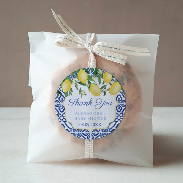Adesivo Obrigado Amalfi Coast Lemons Baby Blue Chá (Positano Lemons Blue Tile Baby Shower Favor or Bridal Shower thank you sticker)