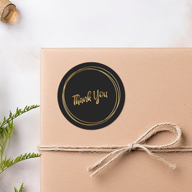 Adesivo Obrigado anéis dourados pretos (Thank you gold rings black round sticker.)
