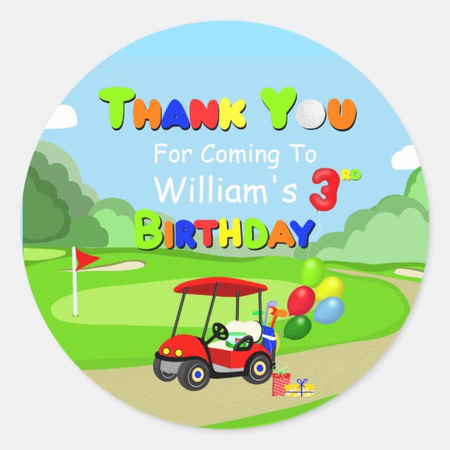 Adesivo Obrigado aniversário de 3 anos Red Golf Cart Boy (Frente)