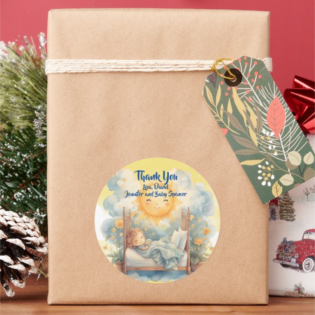 Adesivo Obrigado AQUI vem o Chá de fraldas do FILHO (Feriado)