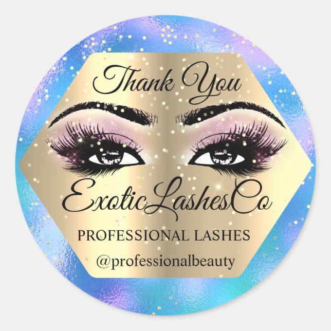 Adesivo Obrigado Artista Makeup Olhos Azuis Rosa DOURADO (Frente)