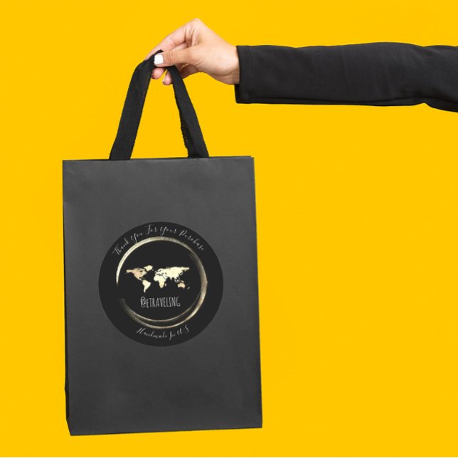 Adesivo Obrigado Black Dourado Mundo Mapa Viajando Globo (Thank You Black Gold World Map Traveling Globe Classic Round Sticker)