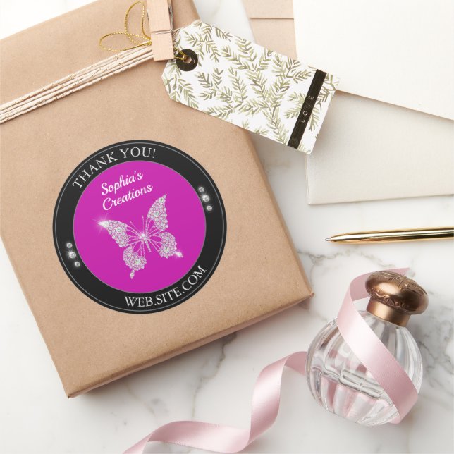 Adesivo Obrigado, Borboleta Diamond, Black & Fuchsia (Presentear)