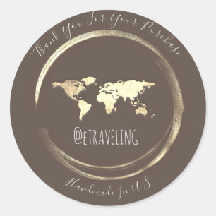 Adesivo Obrigado Brown Dourado Mapa Mundial Viajando Globo