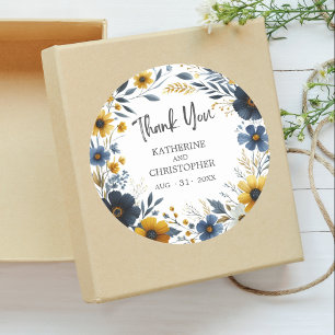 Adesivo Obrigado Casamento Elegante de Flores Amarelas Azu