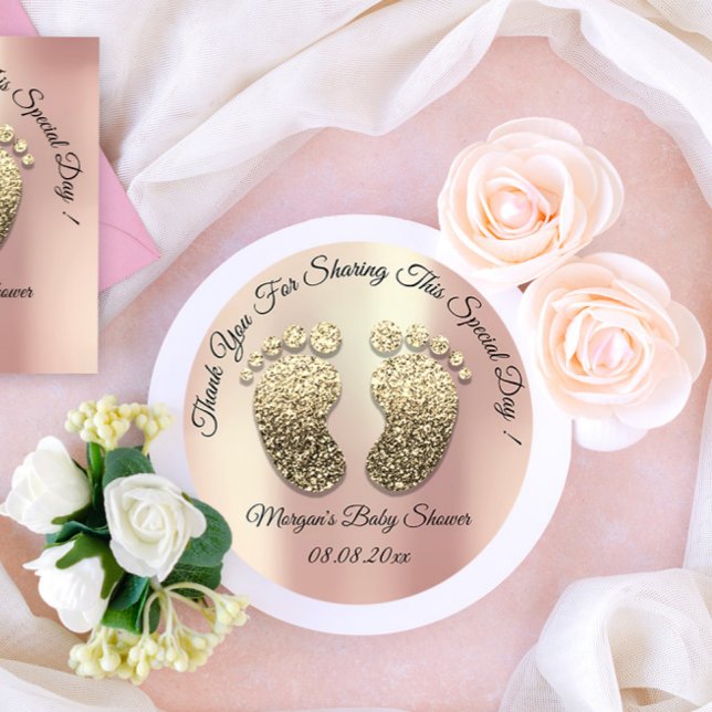 Adesivo Obrigado Chá de fraldas de rosa de Pés Glitter Dou (Rose Gold Glitter Feet Baby Shower Favor Thank Classic Round Sticker)