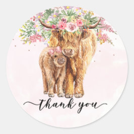 Adesivo Obrigado Chá de fraldas Highland Cow Pink