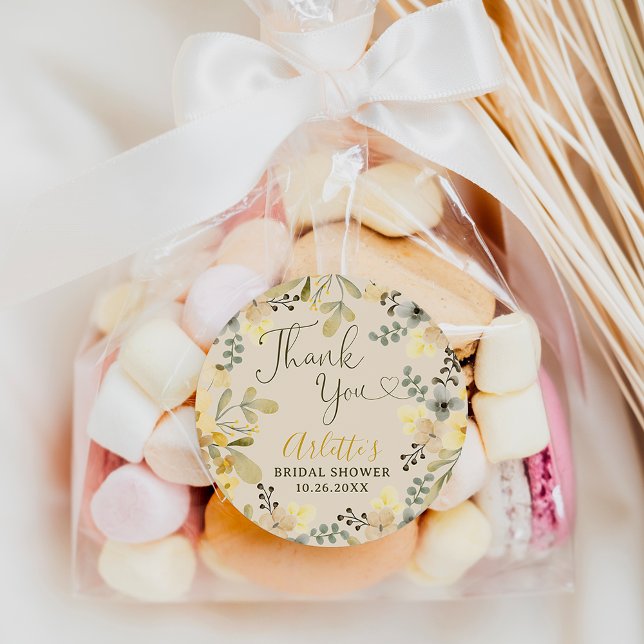 Adesivo Obrigado chá de panela chic floral outono (Thank you boho floral autumn chic bridal shower classic round sticker)