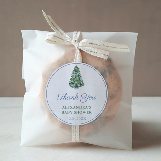 Adesivo Obrigado Chinoiserie Árvore de Natal Blue Favor (Blue And White Chinoiserie Holidays Tree Baby or Bridal Shower Thank You Favor Sticker)