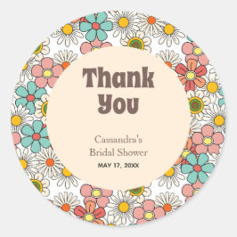 Adesivo Obrigado Chuveiro Nupcial Flor Retro Hippie Groovy