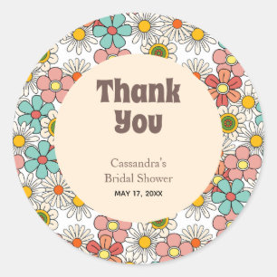 Adesivo Obrigado Chuveiro Nupcial Flor Retro Hippie Groovy